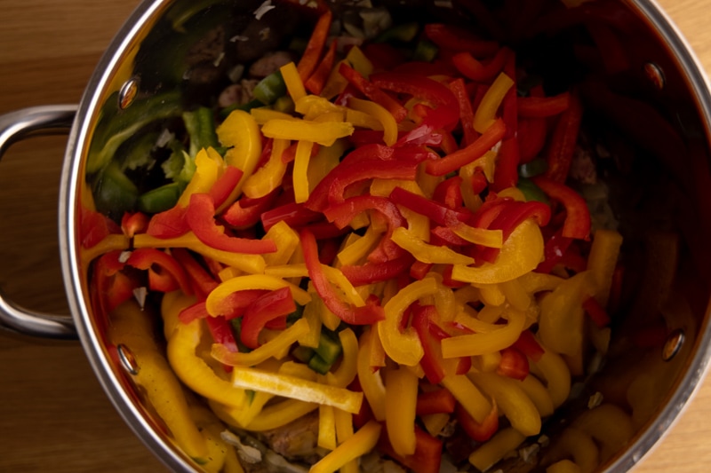 Defrosted bell peppers added to letcho